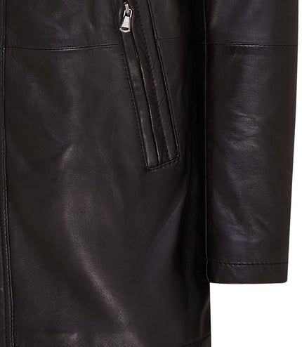 Mens Leather Jacket Classic Trench Coat with Removable Collar Mid Length Warm Overcoat - Black