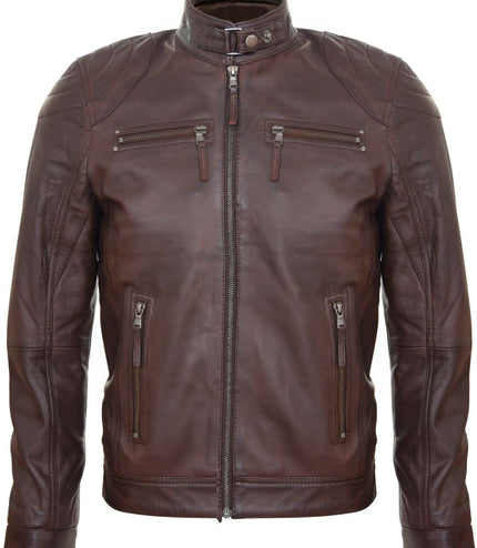 Mens Moto Leather Biker Jacket-Taiwan - Brown