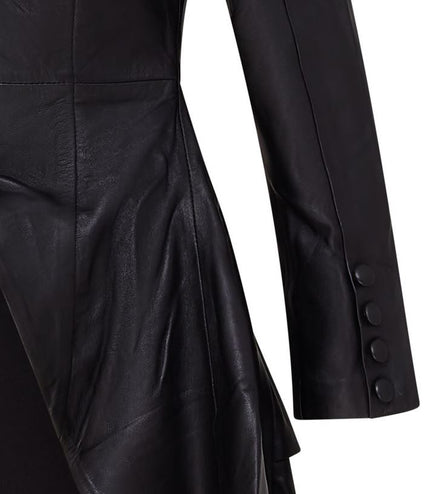 Womens Gothic Full Length Leather Coat Victorian Flare Goth Punk - Black