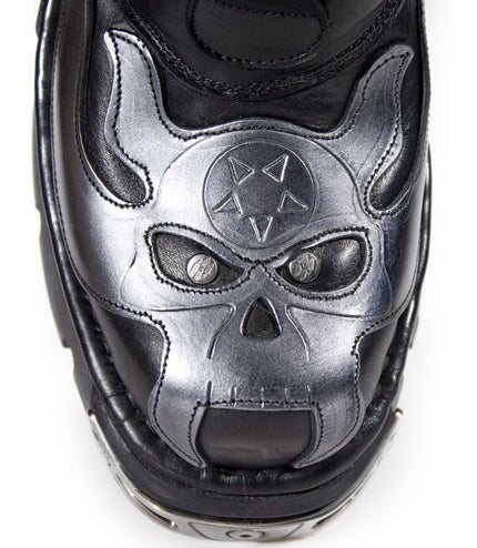 New Rock Flame Accented Black/Silver Leather Biker Boots - 107-S2