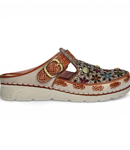 Laura Vita Women's Dorry 01 Floral Beige Leather Wedge Slipper Sandals