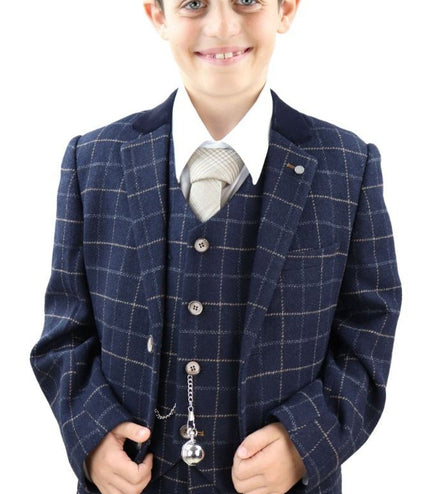 Boys 3 Piece Navy Blue Tweed Check Classic  Suit