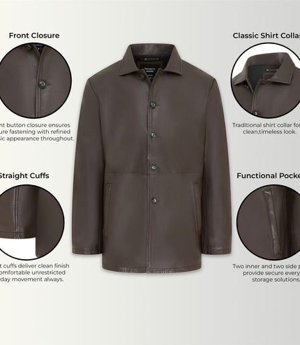 Men's Brown Leather Long Collared Car Coat Jacket - Berry