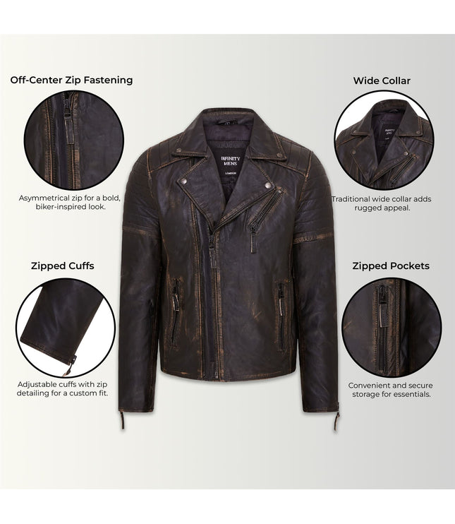 Mens Slim Fit Brando Style Double Cross Zip 100% Leather Biker Jacket - Vintage Black