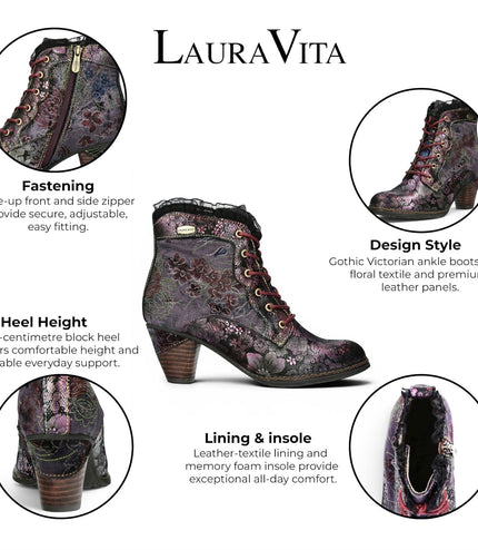 Laura Vita Women's Floral Goth Victorian Violet Leather Heeled Ankle Boots - Alcizeeo-190