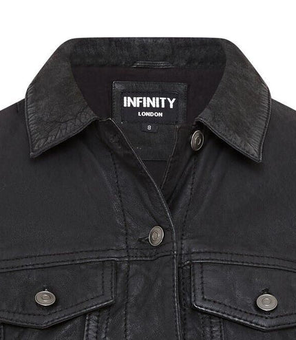 Womens Black Leather Trucker Jeans Jacket-  Doha