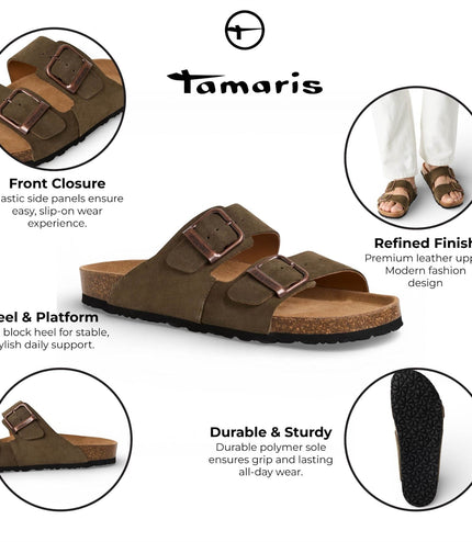 Tamaris Men's Olive Green Leather Slip-On Footbed Slipper Sandals