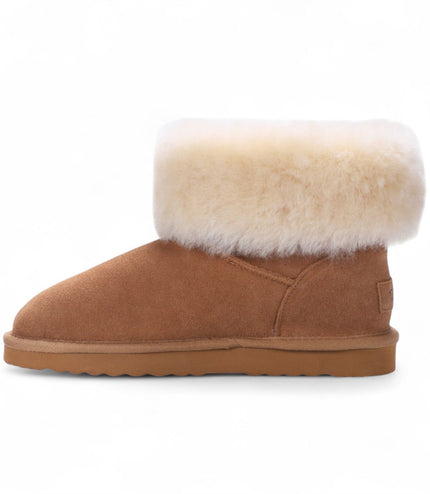 Women's Genuine Sheepskin Tan Suede Ankle Bootie Winter Boots - Granite