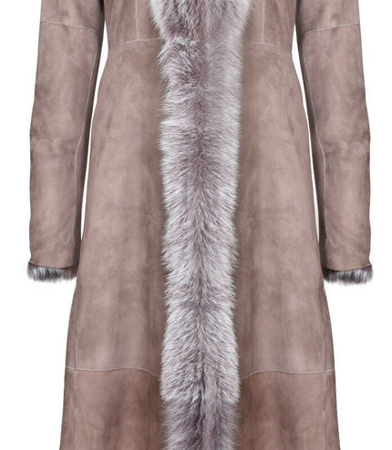 Womens Suede Toscana Sheepskin Hooded Trench Coat-Rushden - Taupe