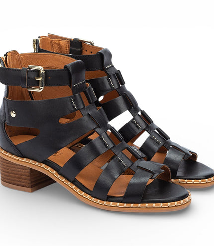 Pikolinos Women's Black Leather Block-Heel Gladiator Sandals - Blanes