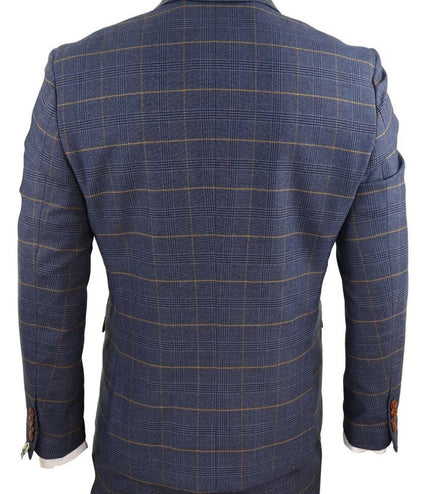Mens 3 Piece Navy Blue Retro Check Vintage Classic Suit
