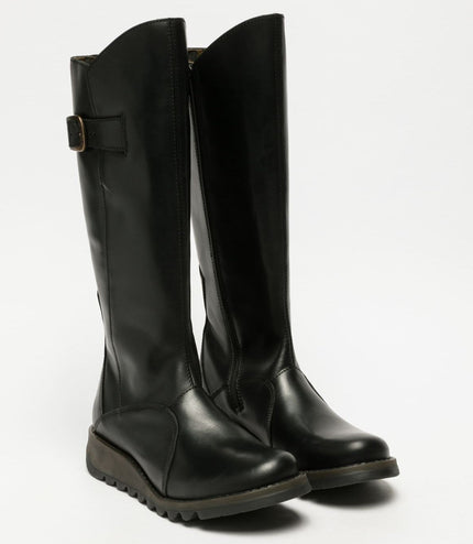 Fly London Womens Black Mol 2 Leather Wedge Heel Knee High Zip Up Boots