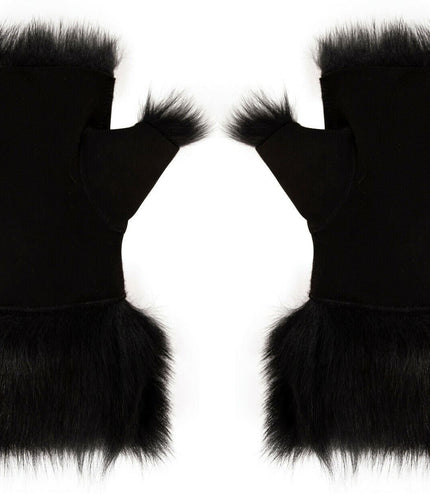 Womens Shearling  Mittens Fingerless Cuffs Toscana Suede Sheepskin Fur - Black