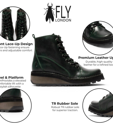 Fly London Womens Green Leather Lace-Up Ankle Boots - HAZI147
