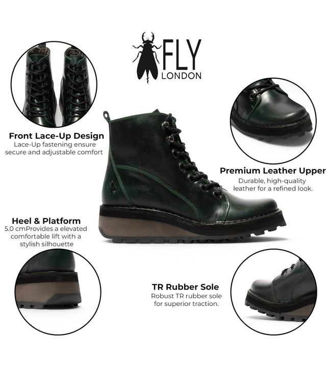 Fly London Womens Green Leather Lace-Up Ankle Boots - HAZI147
