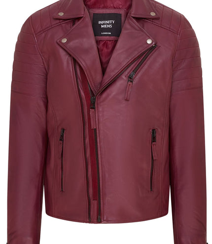 Mens Slim Fit Brando Style Double Cross Zip 100% Leather Biker Jacket - Burgundy