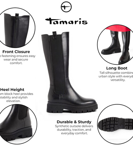 Tamaris Women’s Black Leather Knee High Platform Heel Long Boots - 25608-41