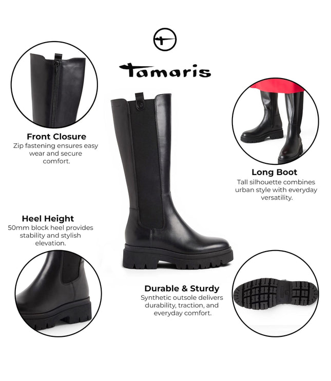 Tamaris Women’s Black Leather Knee High Platform Heel Long Boots - 25608-41