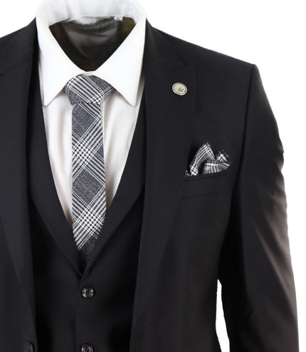New Mens 3 Piece Suit Plain Black Classic Tailored Fit Smart Casual 1920s Formal