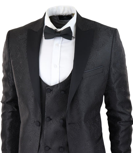 Mens Black Tuxedo Blazer Waistcoat Brocade Satin Paisley Formal Dinner Jacket