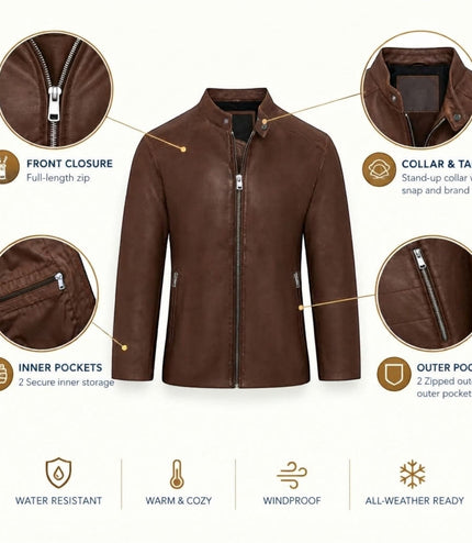 Mens Leather Brown Stand Collar Cafe Racer Biker Jacket - E184