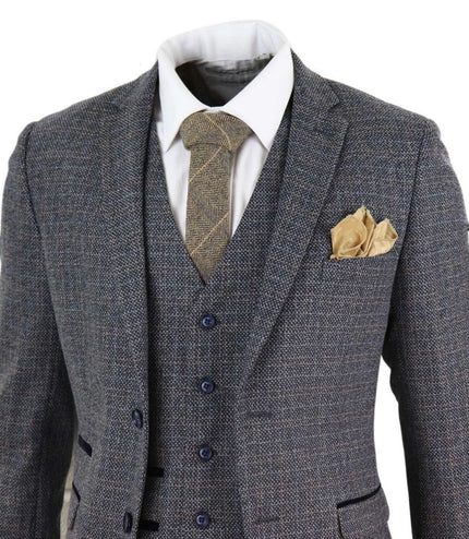 Mens 3 Piece Navy Blue Tweed Check Vintage Retro Suit