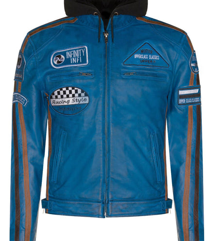 Mens Racing Hooded Leather Biker Jacket-Detroit - Blue