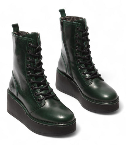 Fly London Womens Petrol Green Hait273 Leather Lace-Up Chunky Platform Ankle Boots