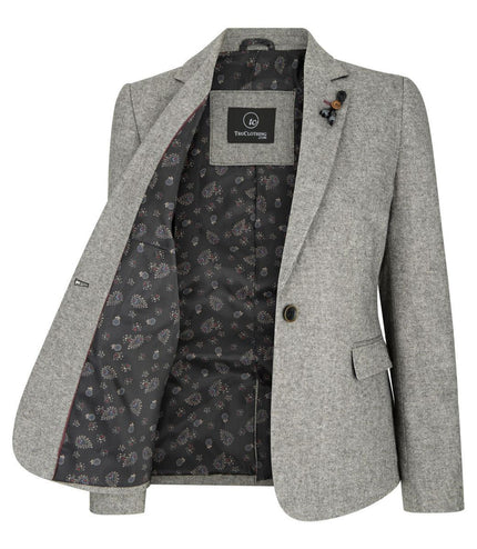 Womens Tweed 1920s Herringbone Light Grey Blazer