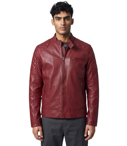 Mens Red Leather Quilted Shoulder Biker Jacket - Rock