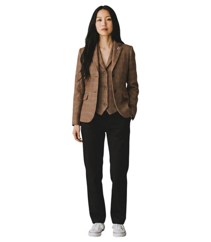 Women's Oak Brown 2 Piece Check Formal Tweed Blazer & Waistcoat Set - TPSTZ-7