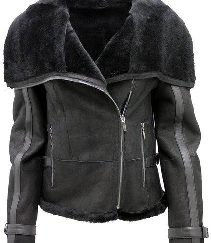 Womens Merino Sheepskin Aviator Leather Jacket-Asmara - Black