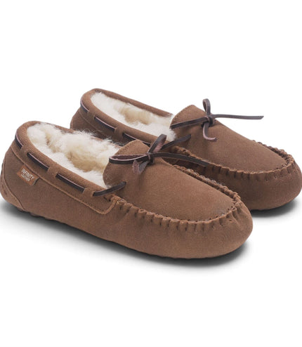 Women's Chestnut Tan Genuine Sheepskin Moccasin Winter Slippers - Aspen
