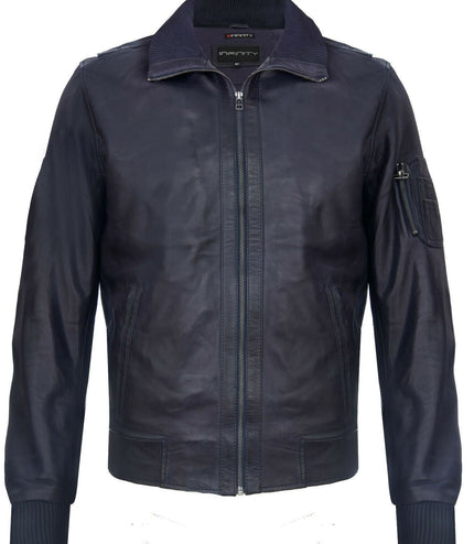 Mens Leather Varsity Bomber Jacket-Adana - Navy