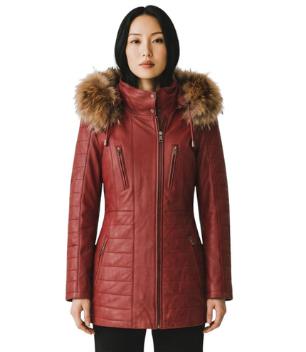 Womens Red Slim Fit Leather Hooded Parka Jacket-Northam