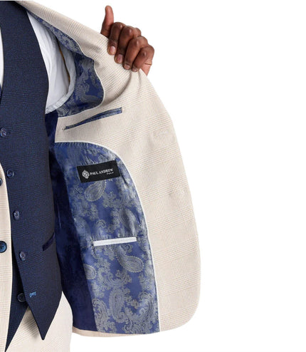 Men's Check Cream Blazer Navy Waistcoat Wedding 3 Piece Suit - Regent