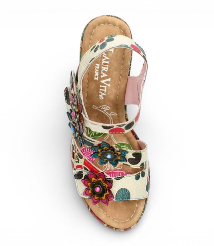 Laura Vita Women's Nellao 33 Beige Floral Leather Wedge Heel Espadrille Sandals