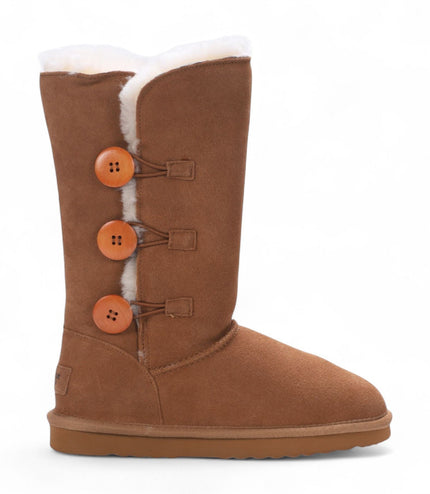 Women's Sheepskin Suede Tan Button Warm Winter Calf Boots - Willow