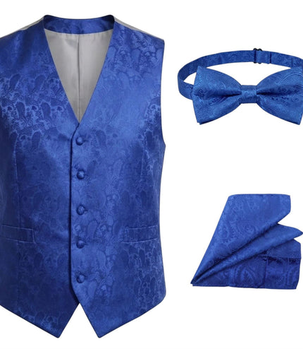 Men's Blue Paisley Floral 3 Piece Waistcoat Bow Tie Hankie Set - Robert