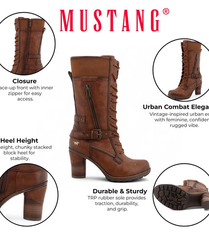 Mustang Women's Brown Mid-Calf Lace Up Heeled Combat Boots