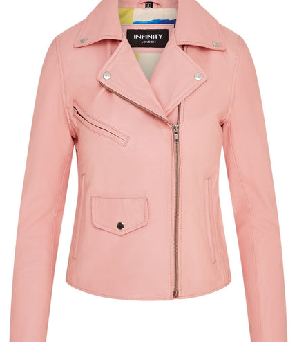 Women's Classic Brando Biker Leather Jacket - Broome - Baby Pink