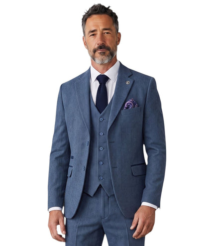 Men's Blue 3 Piece Tweed Herringbone Formal Suit -  IM4