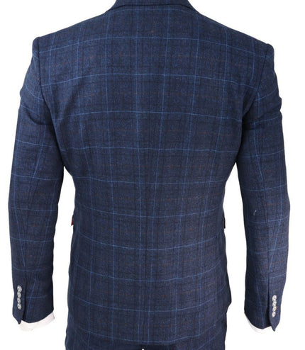 Mens 3 Piece Navy Blue Tweed Check Vintage Retro Classic Suit