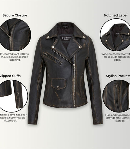 Women's Classic Brando Biker Leather Jacket - Broome - Vintage Black