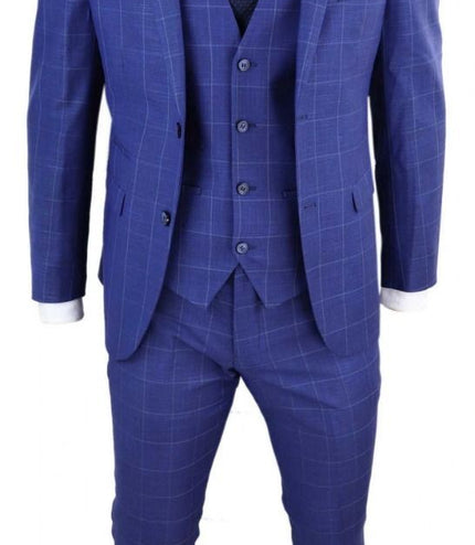 Mens 3 Piece Royal Blue Check Vintage Retro Suit