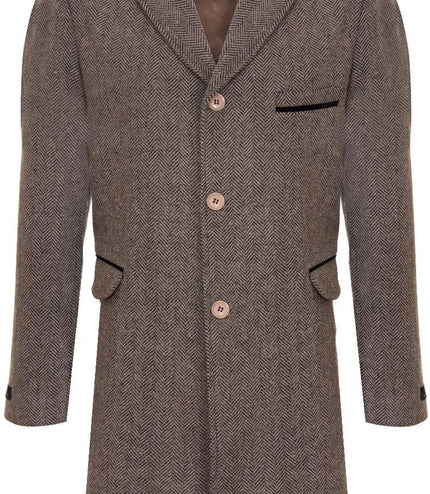 Mens 3/4 Brown Long Overcoat Jacket Herringbone Tweed Coat Peaky Blinder