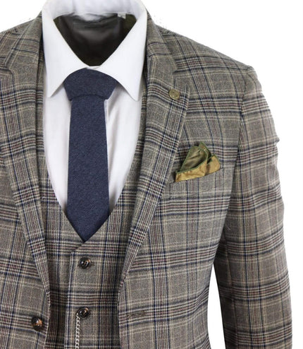 Mens 3 Piece Tan Brown Herringbone Check Suit