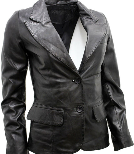 Womens Leather Blazer Jacket-Seregno - Black