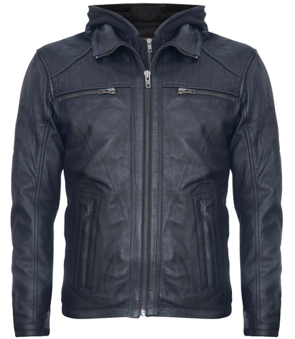 Mens Black Hooded Leather Biker Jacket-Salvador