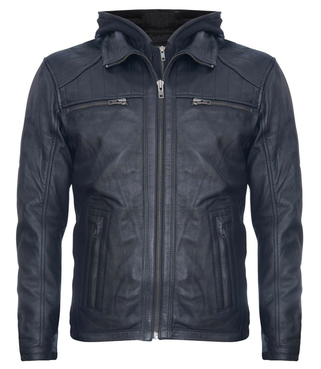 Mens Black Hooded Leather Biker Jacket-Salvador